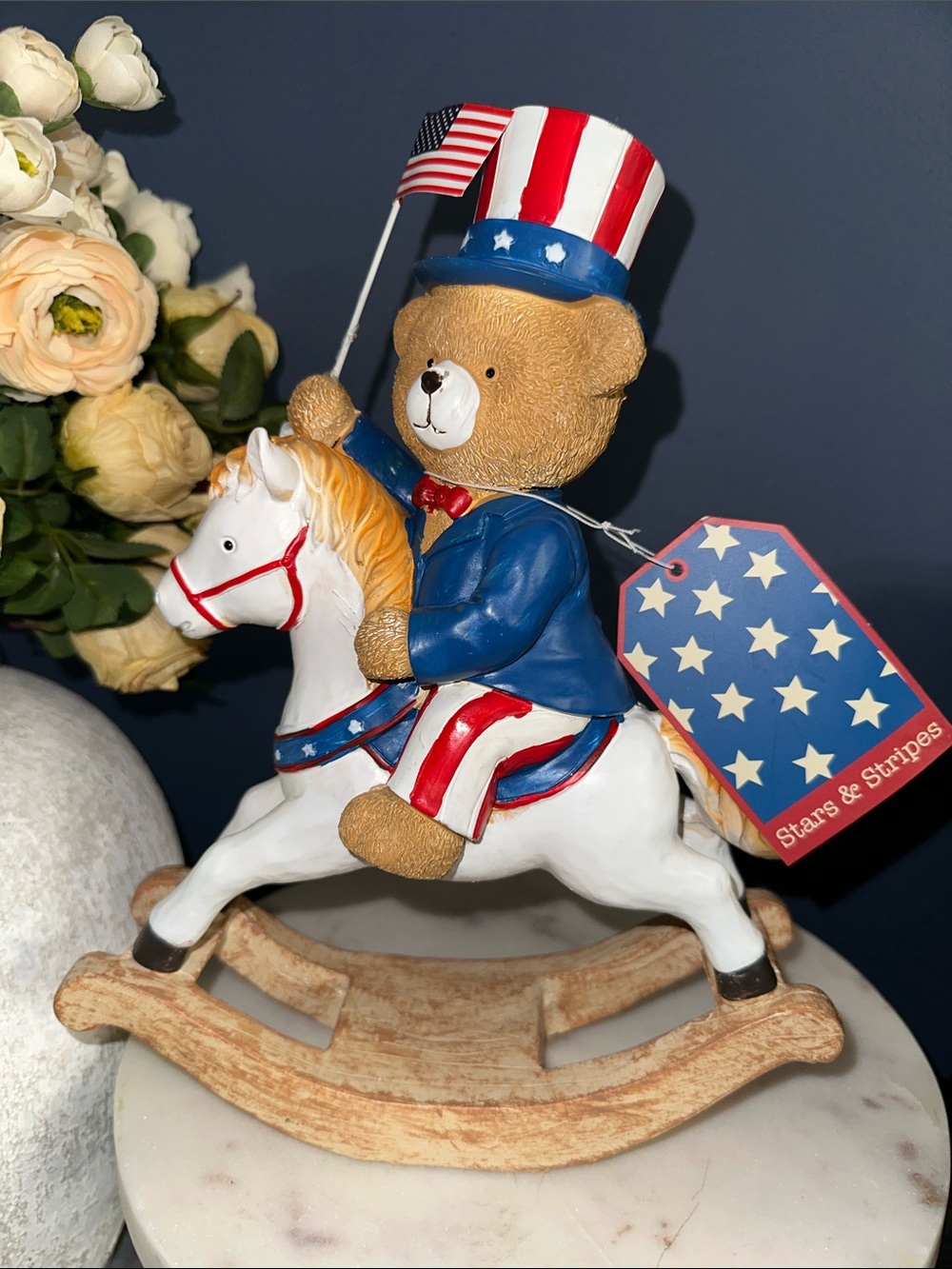 Patriotic Bear on Rocking Horse Figurine - Stars & Stripes